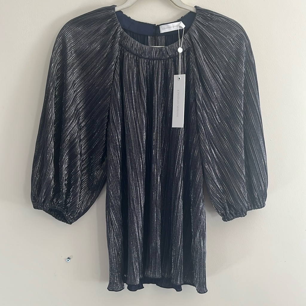 Jonathan Simkhai Alexandra Plisse Pleated Midnight Blue Top Nwt 4 Silver Shimmer